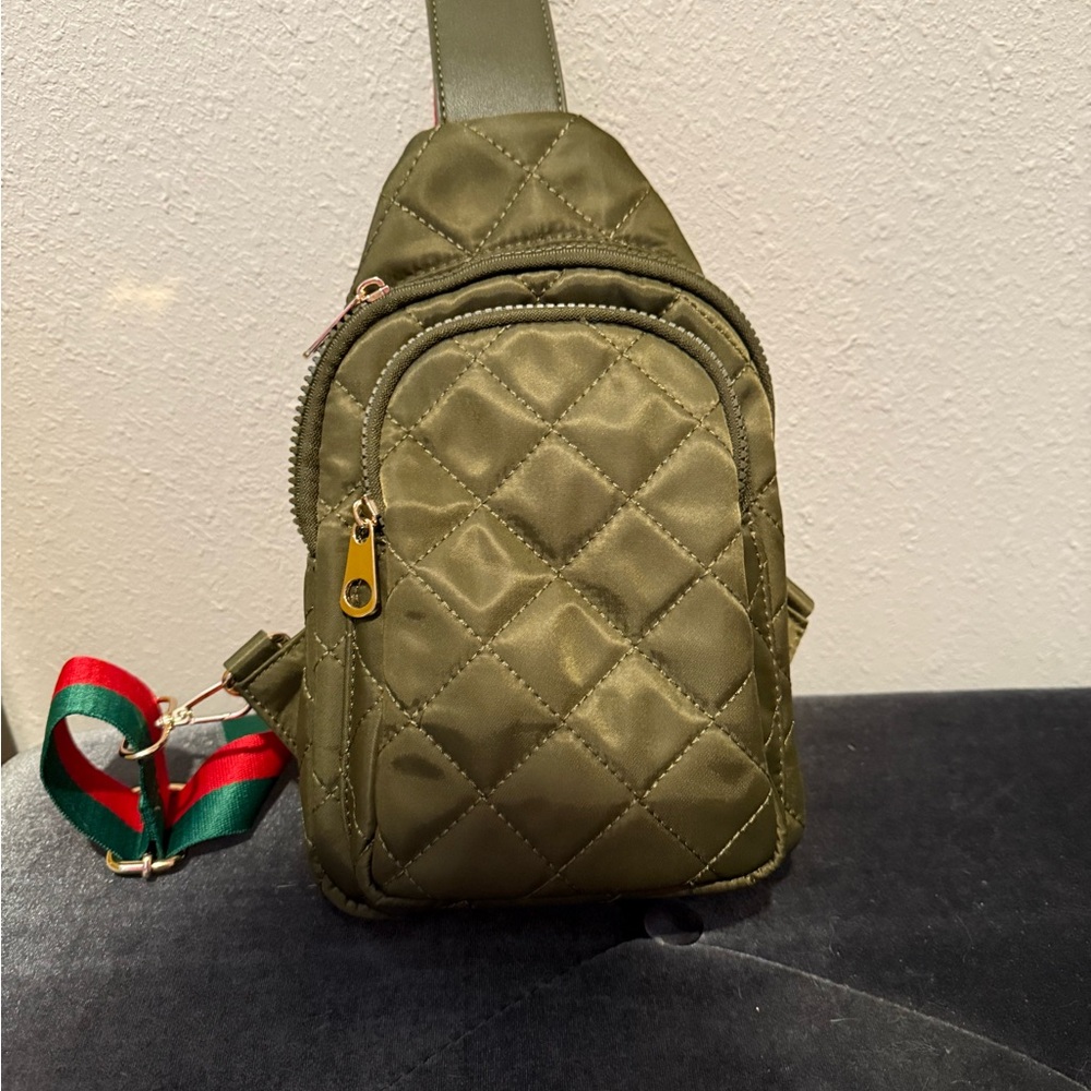 Compact Green Quilted Backpack with Gold Zipper